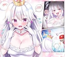 !! 1boy 1girls 2018 3koma artist_name blush boo_(mario) boosette breasts brooch cap cleavage clothed clothing comic crown cute dress earrings elbow_gloves embarrassed evil_smile eyebrows_visible_through_hair female flying_sweatdrops frilled_dress frilled_gloves frills ghost ghost_girl gloves hat highres humanized jewelry large_breasts looking_at_viewer male mario mario_(series) masayo_(gin_no_ame) musical_note new_super_mario_bros._u_deluxe open_mouth pink_hair red_clothing rule_63 sharp_teeth shy spoken_blush spoken_musical_note super_crown super_mario_bros. surprised sweat sweatdrop teeth tongue tongue_out twitter_username wavy_mouth white_dress white_gloves white_hair