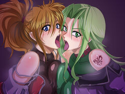 2girls asymmetrical_docking banpresto bare_shoulders blonde_hair blue_eyes blush breast_press breasts collar erect_nipples excellen_browning female_focus green_eyes green_hair imminent_fellatio imminent_kiss kissing lamia_loveless large_breasts lipstick looking_at_viewer makeup multiple_girls open_mouth oral_invitation ponytail raburebo super_robot_wars super_robot_wars_original_generation symmetrical_docking tattoo tongue tongue_out turtleneck upper_body yuri