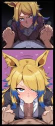 1boy 2d 2koma :>= ai_generated animal_ears big_breasts big_cock big_penis blonde_hair blowjob blue_eyes blue_hair blush breasts cock comic fellatio female gradient_hair hair_over_one_eye heart heart-shaped_pupils holding_hands horse_ears horse_girl interlocked_fingers jacket large_breasts long_hair looking_at_viewer male male/female multicolored_hair obey_your_master_(umamusume) oral penis pov sloppingslurpie straight sweat symbol-shaped_pupils umamusume umamusume:_cinderella_gray uncensored vein veins veiny veiny_cock veiny_penis