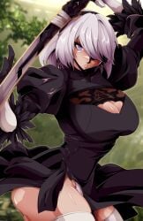 1girls andoryu_u big_breasts breasts clothing female female_only light-skinned_female light_skin looking_at_viewer nier nier:_automata short_hair skirt solo thick_thighs thighhighs white_hair yorha_2b