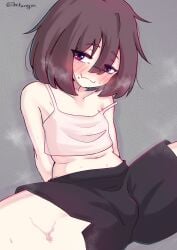 1boy 1femboy beautiful brown_hair cute cute_expression cute_eyes cute_face cute_male femboy kuroyuu-chi legs male open_legs purple_eyes silly silly_face smile smiling stupid stupid_looking testicles thighs