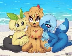 3girls beach black_eyes breasts browt female furry_male furry_only gecqua habrow miori pokemon pokemon_(species) pokemon_ww pombon pomken red_eyes rilex_lenov violet_eyes