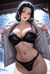 1girls ai_generated big_breasts black_hair bra female female_only flashing flashing_bra kazama_jun snow solo solo_female tagme tekken winter winter_clothes