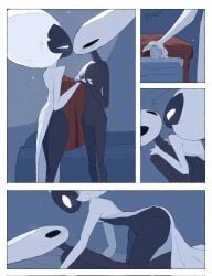 2025 anthro arthropod bed bedroom biped black_body black_eyes blush blush_lines bodily_fluids border bottomless bottomless_female bottomless_humanoid cloak clothed clothing comic detailed_background digital_drawing_(artwork) digital_media_(artwork) dildo duo empty_eyes eye_contact female female/female female_anthro female_humanoid furniture genitals hi_res hollow_knight:_silksong hollow_knight_(franchise) hornet_(hollow_knight) humanoid humanoid_on_anthro imminent_sex inside justdog lace_(hollow_knight:_silksong) looking_at_another looking_at_partner lying mouthless nude nude_anthro nude_female on_back on_bed on_top_of on_top_of_another onomatopoeia pushing_down red_cloak red_clothing sex_toy sound_effects sweat sweatdrop team_cherry text vulva white_body white_border white_eyes white_vulva
