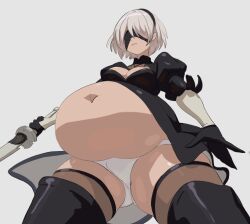 1girls baqua bbw belly belly_overhang big_belly blindfold breasts chubby fat female female_only hairband huge_belly light-skinned_female light_skin low-angle_view nier nier:_automata overweight short_hair solo stuffed_belly thick_thighs thighhighs white_background white_hair yorha_2b