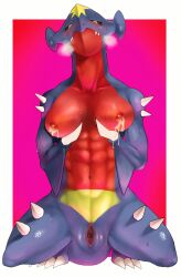 abs absurd_res areola athletic athletic_female black_eyes blue_body blush bodily_fluids breast_milking breasts burnable_garbage clitoris dragon feet female feral front_view garchomp generation_4_pokemon genitals hi_res lactating looking_at_viewer mythological_creature mythological_scalie mythology nintendo nipples pokemon pokemon_(species) red_areola red_body scalie solo spread_legs spreading sweat tail teeth thick_thighs vulva yellow_body yellow_eyes