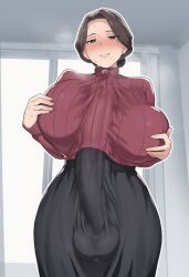 ai_generated aipornarts autopaizuri autopaizuri_under_clothes futanari imminent_fellatio imminent_oral looking_at_viewer penis_between_breasts penis_under_clothes penis_under_dress penis_under_skirt pent_up throbbing_penis