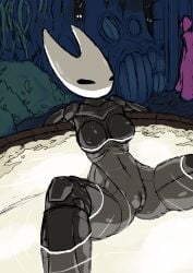 background black_body bug_girl closed_eyes eyes female_only full_body fully_nude hollow_knight hollow_knight:_silksong hornet_(hollow_knight) mask nature_background nipple_bulge nipples shiny_skin skinny_dipping warm_lighting water