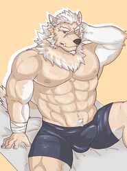 5_fingers abs alternate_version_at_source anthro black_clothing black_underwear brown_body brown_fur canid canine canis clothed clothing erection erection_under_clothing facial_scar fingers fur hand_behind_head hi_res male male_only male_solo mammal marchosias_(tokyo_afterschool_summoners) muscular muscular_anthro muscular_male nipples one_eye_closed pecs pubes red_eyes scar sitting solo tokyo_afterschool_summoners topless underwear video_games wolf wraps wrist_wraps zenon_s2017