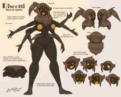 2026 5:4 5_fingers 6_arms anthro arachnid areola arthropod biped biscotti_(latiar) blush breasts brown_body brown_text cheek_spots closed_smile english_text exclamation_point female fingers front_view genitals glistening glistening_eyes hair hi_res latiar model_sheet mouth_closed multi_arm multi_limb name_drop neck_tuft nipples nude open_mouth open_smile orange_areola orange_eyes orange_nipples orange_tongue side_view signature smile solo standing text tongue tongue_out tuft vulva