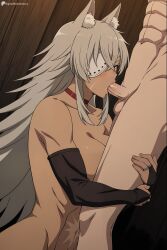1boy ai_generated animal_ears blindfold breasts bridal_gauntlets choker digitalwaifugallery elbow_gloves eyepatch fellatio female ghislaine_dedoldia gloves hi_res high_quality high_resolution large_breasts long_hair nude oral patreon penis seductive sexy silver_hair solo_focus straight uncensored watermark wolf_ears