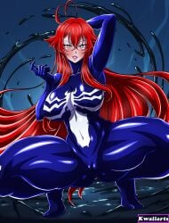 1girls ahoge alien arms_behind_head blue_eyes blush breasts corrupted corruption crossover eastern_and_western_character high_school_dxd kwaiiarts large_breasts marvel marvel_comics possessed possession red_hair rias_gremory sexy spider-man_(series) squatting symbiote tagme venom_(marvel) very_long_hair waifu
