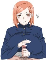 bar_censor black_jacket breasts brown_eyes brown_hair censored commentary_request female handjob high_collar highres huge_breasts jacket jujutsu_kaisen jujutsu_tech_uniform kugisaki_nobara long_sleeves looking_at_viewer male_pubic_hair morimoto_kiyona orange-haired_female orange_hair penis pov pov_crotch pubic_hair school_uniform short_hair simple_background smile solo_focus translation_request white_background
