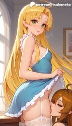 1futa 2026 :p ai_assisted ai_generated anime artist_name asia_argento blonde_hair blue_dress breasts bust clothes_lift cunnilingus dress dress_lift explicit futanari garter_belt garter_straps green_eyes hi_res high_quality high_resolution high_school_dxd highres indoors licking long_hair oral patreon patreon_username penis stable_diffusion thighhighs tongue tongue_out tsukoneko watermark window
