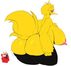 anthro areola ass ass_cleavage avian big_bird big_breasts big_butt bird breasts butt_crack clothing duo elmo erect_nipples female huge_ass huge_breasts male muppet muppets nipples sesame_street slightly_chubby sssonic2 sweat