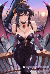 ai_generated akeno_himejima anime bat_wings black_hair demon_tail female from_above high_school_dxd illustration large_breasts leather_straps lewdrune long_hair ponytail purple_eyes rooftop skyline smirk solo succubus tail