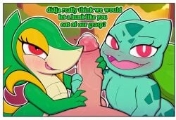 ai_generated anthro bedroom_eyes blush bodily_fluids bulbasaur dialogue duo duo_focus english_text erection eyelashes faceless_character fangs female feral first_person_view flora_fauna generation_1_pokemon generation_5_pokemon genital_fluids genitals glans green_body group group_sex half-closed_eyes handjob hellsonger hi_res holding_penis human humanoid_genitalia humanoid_penis interspecies larger_male looking_at_viewer male male/female male_pov narrowed_eyes nintendo nude open_mouth penile penis penis_grab pokemon pokemon_(species) pokephilia precum red_eyes reptile scalie seductive sex smile snivy sweat text threesome tongue trio zoophilia