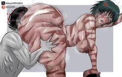 1boy 1girls all_fours ass axxartj eating_ass female glasses hanging_breasts jujutsu_kaisen male nude oc rimming scars short_hair sweat sweaty sweaty_ass sweaty_butt thick_thighs zenin_maki