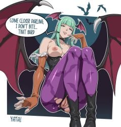 ai-assisted animal_print aqua_eyes aqua_hair bare_shoulders bat_(animal) bat_print black_boots black_choker black_leotard blunt_bangs boots breasts breasts_apart cameltoe choker clothing_cutout collarbone commentary darkstalkers demon_girl demon_wings elbow_gloves english_commentary english_text eyelashes female fingerless_gloves from_below fur_trim gloves hairless_pussy head_wings heart_cutout leotard lips long_hair looking_at_viewer medium_breasts morrigan_aensland narrowed_eyes nipples orange_gloves pantyhose pink_pantyhose print_pantyhose purple_pantyhose pussy shaved_pussy sidelocks sitting solo speech_bubble straight_hair teeth thighs torn_clothes torn_leotard torn_pantyhose wings yatagarasupen