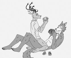 2021 anal anal_knotting anal_sex anthro anthro_on_anthro anthro_penetrated anthro_penetrating anthro_penetrating_anthro antlers athletic athletic_anthro athletic_male beastars bottomless canid canine canis cervid cervine clothed clothing cowgirl_position duo greyscale hi_res horn humor interspecies knotting legoshi_(beastars) louis_(beastars) male male/male male_on_bottom male_on_top male_penetrated male_penetrating male_penetrating_male mammal monochrome nude on_bottom on_top penetration penile penile_penetration red_deer sex shirt spicedpopsicle t-shirt topwear uno wolf