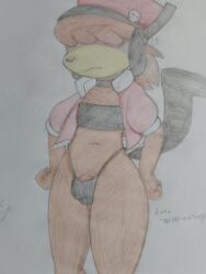 absurd_res anthro biped bulge canid canine clothed clothed_anthro clothing detailed_bulge faremertiuy femboy floppi_(mentle_xd) fur genitals hair hi_res jacket looking_at_viewer male male_anthro mammal penis penis_base pirate_hat red_clothing red_jacket red_topwear simple_background solo standing topwear traditional_media_(artwork)