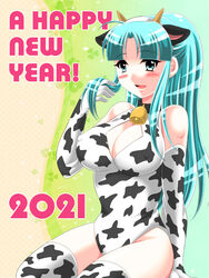 1girls 2021 animal_ears bell_collar blue_eyes blue_hair blush camelot choker collar cow_ears cow_print cowbell elbow_gloves erect_nipples fake_animal_ears golden_sun happy happy_new_year headband large_breasts light_skin long_hair looking_at_viewer mia_(golden_sun) nintendo nipples_visible_through_clothing one-piece_swimsuit ponytail sesamin83 smile swimsuit thick_thighs thighhighs