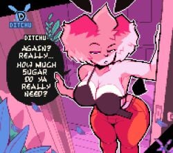 1girls almost_naked almost_nude anthro artist_self-insert bra breasts bunny_ears bunny_girl bunny_tail ditchu ditchu_(oc) ditchuart_(sfw) doorframe doorway female female_only heart-shaped_areola huge_breasts looking_at_viewer loose_bra oblivious oc original original_character pink_body pink_fur pink_hair pink_skin pixel_(artwork) pixel_art pixelated red_pants tagme thighs tight_clothing tight_pants