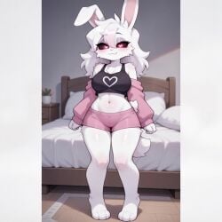 1girl 1girls ai ai_generated belly belly_blush belly_button big_thighs black_topwear blush bunny bunny_ears bunny_girl female female_only heart heart-shaped_pupils kit_community kit_community_v2 mika_kit millychan_bunny pink_bottomwear top topwear white_fur