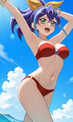 1girls armpits arms_up beach_background bikini blue_hair blush bra breasts celina cyan_hair fringe green_eyes hi_res looking_at_another low-angle_view multicolored_hair navel outside ponytail pose purple_hair ribbon safe safe_for_work serena_(yu-gi-oh!_arc-v) sky smile solo standing teenager teeth thighs yu-gi-oh! yu-gi-oh!_arc-v