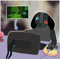 absurd_res blue_eyes chair chewing_breast colored_sclera computer desk fatass_teto_plush heterochromia hi_res highres joaoppereiraus keyboard_(computer) lucoa meme monitor mouse_(computer) mousepad red_eyes rogue_(artist) self_upload sucking_breasts_meme sucking_nipples switchy_2_(joaoppereiraus)