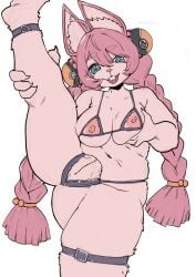 animal_ears anthro areola biped breasts clothed clothing crotchless_clothing crotchless_panties crotchless_underwear female flexible fur genitals hair hi_res lagomorph legband lemonbizate leporid mammal nipples one_leg_up panties pink_body purple_hair rabbit raised_leg skimpy solo splits spread_legs spreading standing thick_thighs thighband underwear vertical_splits vulva zhao_(zenless_zone_zero)