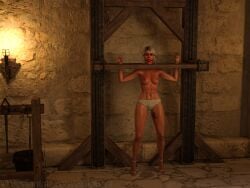 3d ball_gag breasts captured captured_heroine cd_projekt_red ciri cirilover1 female freckles green_eyes high_heels light-skinned_female light_skin looking_at_viewer mascara nipples nude panties pussy_visible_through_clothes scar solo solo_female tattoo the_witcher_(series) the_witcher_3:_wild_hunt wet_panties wet_pussy white_hair