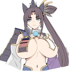 alternate_breast_size_(larger) armor artist_name bare_shoulders black_hat blue_eyes breast_curtains breasts breasts_apart brown_hair circlet cleavage commentary_request cropped_arms cropped_torso dated detached_sleeves fate/grand_order fate_(series) feather_hair_ornament feathers female hair_ornament hair_rings hat highres huge_breasts long_hair long_sleeves looking_to_the_side navel parted_bangs parted_lips revealing_clothes seo_tatsuya shoulder_armor side_ponytail sidelocks simple_background solo twitter_username upper_body ushiwakamaru_(fate) ushiwakamaru_(fate/grand_order) very_long_hair white_background