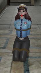 1girls 3d ball_gag blender_cycles bondage bound bound_arms bound_legs clothed_bondage d.va female female_only fully_clothed fully_clothed_female gag gagged highres kneeling overwatch police_officer_d.va policewoman ramzes43 rope_bondage solo