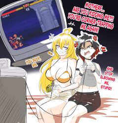 2girls 6457i big_breasts bikini bikini_top bishoujo_senshi_sailor_moon cleavage clothed_female clothing different_breast_sizes electronics female game_controller half-dressed half-sisters half_naked half_naked_female human long_hair long_hair_female nonsexual pale_skin playing_videogame purple_eyes red_highlights robotic_arm ruby_rose rwby sailor_mars sailor_uranus silver_eyes sisters swimwear television video_games yang_xiao_long