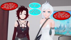20th_century_studios 2girls arrancon black_hair black_hair_female blue_eyes clothed_female dialogue disney dress long_hair long_hair_female marvel marvel_cinematic_universe ruby_rose rwby scar_across_eye silver_eyes viz_media weiss_schnee white_hair white_hair_female