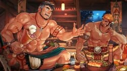 2boys abs another_eidos_of_dragon_vein_r arm_hair armpit_hair armpits bara beard beefy biceps big_areola blonde_hair breasts broad_shoulders brown_hair bulge bulge_through_clothing chest_hair collarbone daddy dilf earrings eating food gay hi_res hunk indoors jewelry leg_hair loincloth male male_only manly marking_below_eyes markings mature_male meat muscles muscular muscular_arms muscular_male muscular_thighs navel necklace night pecs pelvic_curtain pubic_hair ring short_hair sideburns six_pack spread_legs stew suamaru suamaru0808 suamaruo8o8 talking_to_another tattoo tattooed_arm topless tough_guy tribal tribal_tattoo triceps yaoi