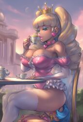 1boy1girl ai_generated collar crown drill_hair drinking_tea facesitting femdom nipple_piercing princess tea_cup