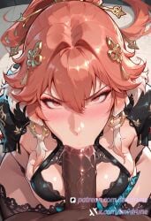 1boy ai_generated beads blush changli_(wuthering_waves) dark-skinned_male dark_skin deepthroat dominant fellatio female from_above gloves horny interracial kneeling large_breasts large_penis lewdrune long_hair looking_at_viewer makeup ntr oral orange_hair penis pov red_eyes saliva solo_focus straight striped veiny_penis very_dark_skin wuthering_waves