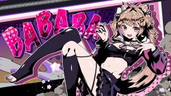 animal_ears black_legwear black_nails black_shirt black_skirt crop_top female kneehighs long_hair long_sleeves looking_at_viewer midriff miniskirt multicolored_nails nail_polish navel open_mouth pink_nails pleated_skirt red_eyes red_nails shirt skirt smile solo squchan_(vtuber) tail thighhighs toeless_legwear toenail_polish tongue vyugen