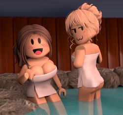 2girls 3d :3 areolae ass blender blonde_hair blush breasts brown_hair female female_only looking_at_viewer onsen ponytail roblox robloxian self_upload smile smiling smiling_at_viewer smug tarsto towel updo video_games water