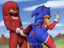 4:3 abs anthro anus ass balls blush clenched_teeth clothed clothing digital_media_(artwork) duo ear_piercing ear_ring echidna erection eulipotyphlan eyelashes femboy fingerless_gloves fur genitals gesture gloves hand_gesture handwear hedgehog hi_res holding_penis humanoid_genitalia humanoid_penis knuckles_the_echidna legwear lipstick looking_at_viewer makeup male male/male mammal monotreme mostly_nude muscular muscular_anthro muscular_male nipples nude partially_clothed pecs penis piercing pointing quills_(anatomy) ring ring_piercing sega smile smiling_at_viewer sonic_(series) sonic_the_hedgehog sonic_the_hedgehog_(series) spikes spikes_(anatomy) stockings tail teeth timidwithapen vein