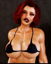 2026 3d 3d_(artwork) 3d_model 3d_render big_breasts bikini biting_lip biting_own_lip black_widow_(marvel) black_widow_(marvel_rivals) female garycamehome looking_at_viewer marvel marvel_rivals pinup portrait red_hair scarlett_johansson sweat tan_skin tanned tanned_skin