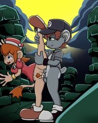 against_rock alex_the_koala alex_the_koala_(alexplicity) anonymous_artist bandai_namco commission cum_in_pussy cum_inside grabbing_leg klonoa_(series) lolo_(klonoa) monkey_girl namco night_sky outdoor_sex partially_clothed pubes ruins standing_sex vaginal_penetration wolf