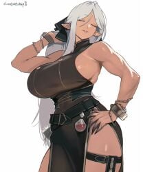 1girls artist_name bare_shoulders belt black_belt black_dress breasts chains closed_eyes dark-skinned_female dark_skin dress elf elf_ears elf_female grey_hair hand_on_hip jewelry large_breasts long_hair muscular muscular_female original pointy_ears sharp_fingernails sideboob simple_background sleeveless sleeveless_dress sleeveless_turtleneck solo solo_female thighs tomatoketchup96 very_long_hair white_background