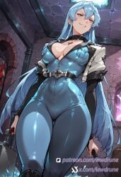ai_generated akame_ga_kill! anime blue_eyes boots chains dungeon esdeath_(akame_ga_kill!) female illustration indoors large_breasts lewdrune light_blue_hair long_hair military_uniform riding_crop smirk solo standing tight_pants