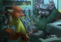 absurd_res animal_genitalia animal_penis anthro bathroom bedroom_eyes bodily_fluids breath canada_lynx canid canine canine_genitalia canine_penis clothed clothing disney duo erection feet felid feline foot_fetish foot_play footjob fox genital_fluids genitals hi_res lynx male male/male mammal narrowed_eyes nick_wilde partially_clothed pawbert_lynxley penis precum red_fox seductive sex signature sitting_on_sink standing supechips tail true_fox zootopia