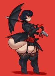 ass_peek black_eyes black_hair deadlock dumptruck_ass fat_ass huge_ass large_breasts looking_at_viewer mina_(deadlock) pinky_out pistol purse red_background red_gloves scunnerturn short_hair side_view simple_background skirt thick_ass thick_thighs thigh_boots umbrella vampire vampire_girl