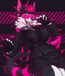 2023 5_fingers anthro big_breasts black_body black_fur blood bodily_fluids bottomwear breasts bulge canid canid_demon canine cheek_tuft clothing coat collar colored_nails cross demon detailed_bulge digital_media_(artwork) ear_piercing eyelashes facial_tuft fingerless_gloves fingers fur gauged_ear gloves grapeyguts gynomorph hair handwear hellhound horn intersex inverted_cross lapfox_trax looking_at_viewer mammal multicolored_body multicolored_fur mythological_canine mythological_creature mythology nails neck_tuft neon nosebleed piercing pink_hair pink_nails sharp_teeth small_waist solo standing tail teeth tight_clothing topwear torn_bottomwear torn_clothing trans_(lore) trans_woman_(lore) trenchcoat tuft two_tone_body two_tone_fur visor white_body white_fur