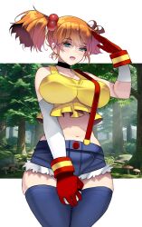 arm_up bare_shoulders black_choker blue_eyes blue_shorts blue_thighhighs blush breasts choker clothing collarbone covered_nipples cowboy_shot crop_top cutoffs denim denim_shorts elbow_gloves female forest gloves hair_between_eyes hair_bobbles hair_ornament hand_up holding holding_poke_ball impossible_clothes kasumi_(pokemon) kouno_(masao) large_breasts legs_together looking_at_viewer masao midriff mushroom nature navel open_mouth orange_hair outdoors outside_border poke_ball poke_ball_(basic) pokemon pokemon_(anime) pokemon_(classic_anime) pokemon_rgby red_gloves salute shirt short_hair short_shorts shorts side_ponytail skindentation sleeveless solo standing stomach suspender_shorts suspenders tank_top thighhighs thighs tree twintails yellow_shirt